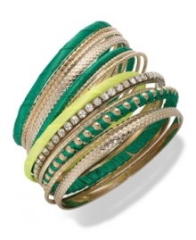 Wrist watching will be the order of the day when you're spotted in these bangles from Bar III. Crafted from gold-tone mixed metal, with shades of green and crystal glass stones providing a vibrant touch. Approximate length: 7-1/2 inches. Wrist watching will be the order of the day when you're spotted in these bangles from Bar III. Crafted from gold-tone mixed metal, with shades of green and crystal glass stones providing a vibrant touch. Approximate length: 7-1/2 inches.