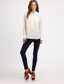 Fluid and fabulous-- this silk basic has a jewelneck, button front and length that hits below the hips. JewelneckButton frontFront patch pocketsLong sleevesButtoned cuffsLonger length hits below the hipsSilkDry cleanImportedModel shown is 5'10 (177cm) wearing US size Small. Fluid and fabulous-- this silk basic has a jewelneck, button front and length that hits below the hips. JewelneckButton frontFront patch pocketsLong sleevesButtoned cuffsLonger length hits below the hipsSilkDry cleanImportedModel shown is 5'10 (177cm) wearing US size Small.
