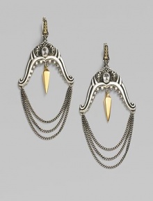 From the Jewels Verne Collection. Polished and oxidized sterling silver with a goldplated spike drop.Crystal Sterling silver Yellow goldplated Length, about 2½ 14K gold post with omega clip Imported 
