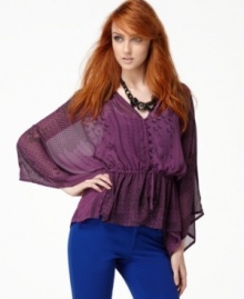 Geometric details add a hint of print to this sheer chiffon Bar III tie blouse -- layer to contrast heavier fall fabrics! Geometric details add a hint of print to this sheer chiffon Bar III tie blouse -- layer to contrast heavier fall fabrics!