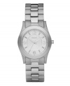Invest in classic style that lasts a lifetime. Watch by DKNY crafted of stainless steel bracelet and round case. Silver tone dial features applied numerals at twelve, three, six and nine o'clock, stick indices, minute track, three hands and logo. Quartz movement. Water resistant to 50 meters. Two-year limited warranty.