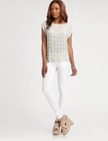 Sequined circle cutouts add a layered look this boxy silk blouse.BoatneckExtended shouldersFlat frontSilkDry cleanImportedModel shown is 5'10 (177cm) wearing US size Small. Sequined circle cutouts add a layered look this boxy silk blouse.BoatneckExtended shouldersFlat frontSilkDry cleanImportedModel shown is 5'10 (177cm) wearing US size Small.