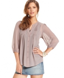 Add a floaty, feminine element to your fall look with this Bar III chiffon blouse -- perfect for layering against heavier, cold-weather fabrics! Add a floaty, feminine element to your fall look with this Bar III chiffon blouse -- perfect for layering against heavier, cold-weather fabrics!