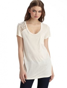 The classic pocket tee gets a glamorous update with a chiffon inset on one shoulder, embellished with chunky beads and chains.Scoopneck Single embellished shoulder Pullover style Short sleeves Chest welt pocket About 26¾ from shoulder to hem Rayon; hand wash Imported The classic pocket tee gets a glamorous update with a chiffon inset on one shoulder, embellished with chunky beads and chains.Scoopneck Single embellished shoulder Pullover style Short sleeves Chest welt pocket About 26¾ from shoulder to hem Rayon; hand wash Imported