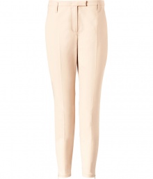 Stylish pant in fine, beige cotton stretch blend - On-trend, modified chino cut with straight legs and chic zipper embellishment at hem - Crease detail at front flatters and elongates the silhouette - Tab waist and belt loops - Slash pockets at sides, welt pockets at rear - Medium low rise - Classically chic and comfortable, ideal for both work and play - Pair with a blouse, blazer and heels, or go for a more casual look with a t-shirt oversize cardigan and ballet flats