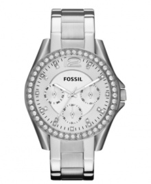 A classic watch silhouette gets amped up with rings of crystal accents on this Riley watch from Fossil.