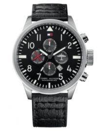 Focus on the things that matter. This handsome watch by Tommy Hilfiger features a black leather strap and round stainless steel case. Black dial with white numerals, date window, logo and four subdials. Quartz movement. Water resistant to 50 meters. Ten-year limited warranty. Focus on the things that matter. This handsome watch by Tommy Hilfiger features a black leather strap and round stainless steel case. Black dial with white numerals, date window, logo and four subdials. Quartz movement. Water resistant to 50 meters. Ten-year limited warranty.