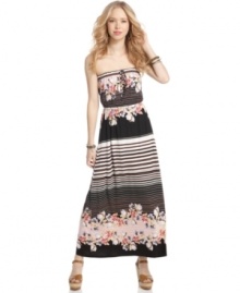 Colorful flowers bloom over an endless supply of stripes on this maxi dress from American Rag! Pair it with your favorite platform heels for a look that's extra flirty! Colorful flowers bloom over an endless supply of stripes on this maxi dress from American Rag! Pair it with your favorite platform heels for a look that's extra flirty!