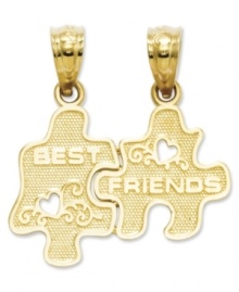 The perfect gift for yourself and a best friend. This puzzle piece-shaped break-apart charm set features the words Best and Friends with sweet cut-out heart accents. Crafted in 14k gold. Chain not included. Approximate length: 3/4. Approximate width: 7/10 inch.