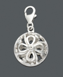 Clip a little extra sparkle onto an ordinary bracelet chain. This chic charm features an intricate scrolling silver and cubic zirconia accented design. Set in sterling silver with a lobster claw clasp. Approximate drop: 1/2 inch. Clip a little extra sparkle onto an ordinary bracelet chain. This chic charm features an intricate scrolling silver and cubic zirconia accented design. Set in sterling silver with a lobster claw clasp. Approximate drop: 1/2 inch.