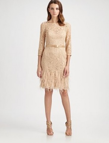 Glamorous ostrich feathers and a satin belt dress up this luxe lace design.BoatneckThree-quarter sleevesSatin beltOstrich feather-trimmed hemlineLow back with concealed zipFully linedAbout 23 from natural waist60% nylon/40% rayonSpot cleanImported of domestic fabricModel shown is 5'10 (177cm) wearing US size 4. Glamorous ostrich feathers and a satin belt dress up this luxe lace design.BoatneckThree-quarter sleevesSatin beltOstrich feather-trimmed hemlineLow back with concealed zipFully linedAbout 23 from natural waist60% nylon/40% rayonSpot cleanImported of domestic fabricModel shown is 5'10 (177cm) wearing US size 4.