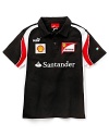 Italian racing team polo with flag applique, sponsorship logos and contoured stripes along the short sleeves.