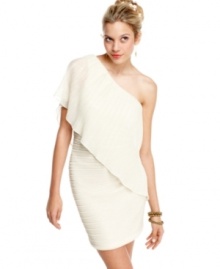 Micro-pleats add texture to this one-shoulder dress from Morgan, while a draped overlay at the neckline incorporates awesome asymmetrical style! Micro-pleats add texture to this one-shoulder dress from Morgan, while a draped overlay at the neckline incorporates awesome asymmetrical style!