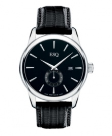 Stately in its elegance, this Chronicle watch from ESQ by Movado commands attention. Black teju lizard-embossed leather strap and round stainless steel case. Black dial features applied silvertone stick indices, date window at three o'clock, second subdial at six o'clock, logo at twelve o'clock and two silvertone hands. Swiss quartz movement. Water resistant to 30 meters. Two-year limited warranty. Stately in its elegance, this Chronicle watch from ESQ by Movado commands attention. Black teju lizard-embossed leather strap and round stainless steel case. Black dial features applied silvertone stick indices, date window at three o'clock, second subdial at six o'clock, logo at twelve o'clock and two silvertone hands. Swiss quartz movement. Water resistant to 30 meters. Two-year limited warranty.