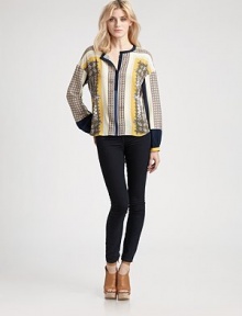 Intricate florals and geometric lines detail this sumptuous chiffon topper.Jewel necklineDropped shouldersGathered sleevesButton-down frontAbout 31 from shoulder to hemPolyesterDry cleanMade in USA of imported fabricModel shown is 5'11 (180cm) wearing US size Small. Intricate florals and geometric lines detail this sumptuous chiffon topper.Jewel necklineDropped shouldersGathered sleevesButton-down frontAbout 31 from shoulder to hemPolyesterDry cleanMade in USA of imported fabricModel shown is 5'11 (180cm) wearing US size Small.