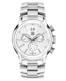 In style and on time. This ESQ by Movado watch features a brushed and polished stainless steel bracelet and case. Silvertone textured chronograph dial with date window and three subdials. Swiss quartz movement. Water resistant to 30 meters. Two-year limited warranty. In style and on time. This ESQ by Movado watch features a brushed and polished stainless steel bracelet and case. Silvertone textured chronograph dial with date window and three subdials. Swiss quartz movement. Water resistant to 30 meters. Two-year limited warranty.