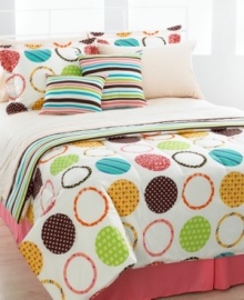 Prints charming. Featuring patterned circles and bold stripes, the Lalla reversible comforter set lets your creativity take center stage – just mix and match the reversible comforter, sham, sheeting and decorative pillows for countless fresh new looks! Sheeting features a diamond print on one side and a geo floral motif on the other. (Clearance)
