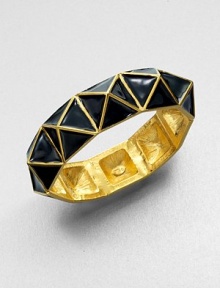 A graphic, 22k goldplated style with a pyramid design accented glossy enamel. Enamel22k goldplatingDiameter, about 2.5Hinged, magnetic closureMade in USA A graphic, 22k goldplated style with a pyramid design accented glossy enamel. Enamel22k goldplatingDiameter, about 2.5Hinged, magnetic closureMade in USA