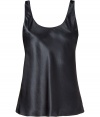 Stylish top in fine dark grey synthetic fiber - Elegant satin sheen - Slim, tank cut widens slightly at hem - Sexy deep scoop neck and back - A go-to in any wardrobe that is as chic as it is versatile - Wear solo or layer beneath blazers or fitted denim and leather jackets - Pair with pencil skirts, maxi skirts and all jeans