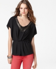 There's no need to add extra jewelry to Bar III's top ... the necklace is already attached! Pair it with your fave jeans for a super-cute look. There's no need to add extra jewelry to Bar III's top ... the necklace is already attached! Pair it with your fave jeans for a super-cute look.
