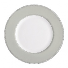 Encircled by scallops and cascading platinum dots, Dentelle brings to mind the exquisitely finished hems of Moniques couture bridal gowns. An accent plate with a full border in soft pearlescent gray casts a subtle shimmer. The refined border design, together with its modern color palette and finish, make this pattern as versatile as it is beautiful. Encircled by scallops and cascading platinum dots, Dentelle brings to mind the exquisitely finished hems of Moniques couture bridal gowns. An accent plate with a full border in soft pearlescent gray casts a subtle shimmer. The refined border design, together with its modern color palette and finish, make this pattern as versatile as it is beautiful.