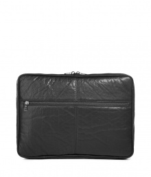 Stylish laptop case in fine shagreened leather - elegant black - classic notebook case, protects from scratches and dust - functional top zipper - outstanding high quality - luxurious interior, roomy outside pocket - genius for the job, college, at leisure time