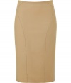 Alberta Ferretti puts a modern spin on ladylike luxe with this ultra-chic, caramel wool stretch skirt - Medium-rise, classic pencil cut features a rear kick pleat and flattering, curve-enhancing decorative seams - Zips at back - Easily transitions from the office to after-work cocktails, parties and dinners - Dress up with a silk blouse, leather jacket and pumps, or go for a more laid-back look with a boxy pullover and sandals
