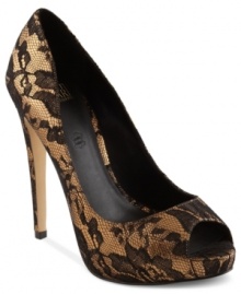 The Steva platform pumps by Truth or Dare feature a sexy lace overlay. Wear these when you're feeling sultry. The Steva platform pumps by Truth or Dare feature a sexy lace overlay. Wear these when you're feeling sultry.