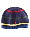 A Striped Skull Hat is perfect for colder days with a touch of heritage style. Ribbed hem. Our embroidered pony accents the front.