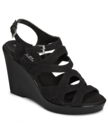 Comfort never goes out of style. With looping infinity straps, a dual adjustable ankle strap and high wedge heel, the Coral Reef sandals by Aerosoles make sure that feeling good looks fashionable. Comfort never goes out of style. With looping infinity straps, a dual adjustable ankle strap and high wedge heel, the Coral Reef sandals by Aerosoles make sure that feeling good looks fashionable.