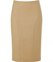 Alberta Ferretti puts a modern spin on ladylike luxe with this ultra-chic, caramel wool stretch skirt - Medium-rise, classic pencil cut features a rear kick pleat and flattering, curve-enhancing decorative seams - Zips at back - Easily transitions from the office to after-work cocktails, parties and dinners - Dress up with a silk blouse, leather jacket and pumps, or go for a more laid-back look with a boxy pullover and sandals