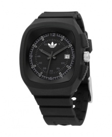 The dark ages. The Toronto watch by adidas is crafted with a black polyurethane strap and square plastic case. Black grid-patterned dial features silver numerals and stick indices at markers, date window at 3 o'clock, black hour, minute and second hands, and logo. Quartz movement. Water resistant to 50 meters. Two-year limited warranty. The dark ages. The Toronto watch by adidas is crafted with a black polyurethane strap and square plastic case. Black grid-patterned dial features silver numerals and stick indices at markers, date window at 3 o'clock, black hour, minute and second hands, and logo. Quartz movement. Water resistant to 50 meters. Two-year limited warranty.