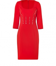 Inject sizzling hot style to your party look with this bright red figure-hugging frock from Versace - Scoop neck, three-quarter sleeves, fitted pencil silhouette, logo-detailed buttons at torso, concealed back zip closure - Wear with a slim trench and sky-high heels