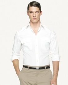 Finely tailored with a trim fit and modern proportions, a handsome shirt is crafted in Italy from sleek stretch poplin with military-inspired epaulets. Finely tailored with a trim fit and modern proportions, a handsome shirt is crafted in Italy from sleek stretch poplin with military-inspired epaulets.