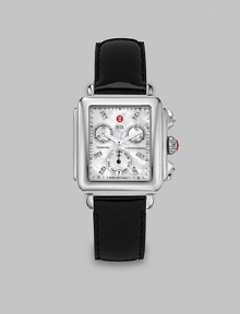 From the Deco Collection. A brilliant diamond accented design with a beautiful mother-of-pearl dial on a glossy patent leather strap. Swiss quartz movementWater resistant to 5 ATMRectangular stainless steel case, 33mm (1.3) X 35mm (1.4)Smooth bezelMother-of-pearl chronograph dialDiamond accented markers, .05 tcwDate display at 6 o'clockSecond hand Black patent leather strap, 18mm (.7)Imported From the Deco Collection. A brilliant diamond accented design with a beautiful mother-of-pearl dial on a glossy patent leather strap. Swiss quartz movementWater resistant to 5 ATMRectangular stainless steel case, 33mm (1.3) X 35mm (1.4)Smooth bezelMother-of-pearl chronograph dialDiamond accented markers, .05 tcwDate display at 6 o'clockSecond hand Black patent leather strap, 18mm (.7)Imported