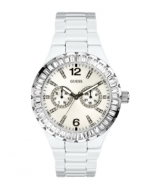 White enamel and Swarovski crystal accents combine for a white-hot look on this GUESS watch. White enamel and Swarovski crystal accents combine for a white-hot look on this GUESS watch.