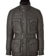 With edgy biker styling, this belted down jacket from Belstaff elevates any ensemble while keeping you warm - Stand collar with buckle detail, concealed front zipper placket with snaps, quilted shoulders, flap pockets, belted waist, slim fit - Pair with jeans and a tee and motorcycle boots or with slim trousers and trainers