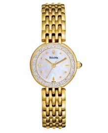 A glamorous woman's best friend. Classic watch by Bulova crafted of gold tone stainless steel bracelet and round case. Bezel embellished with 16 diamond accents. Mother-of-pearl dial features applied gold tone markers, three hands and logo. Quartz movement. Water resistant to 30 meters. Three-year limited warranty. A glamorous woman's best friend. Classic watch by Bulova crafted of gold tone stainless steel bracelet and round case. Bezel embellished with 16 diamond accents. Mother-of-pearl dial features applied gold tone markers, three hands and logo. Quartz movement. Water resistant to 30 meters. Three-year limited warranty.