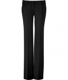 Luxurious trousers of fine black wool are a staple for any business wardrobe - New silhouette features narrow, flared leg and figure-flattering pleats - Hipster seat with wide waistband and belt loops - Classic twist on a modern polished look, perfect for the office, or sophisticated evening functions - Pair with blouses, tops and cardigans, and favorite heels