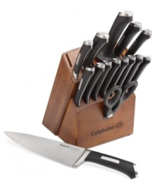 Aerial view. Labeled handles give you the best view of the block and let you know identify knives in a split second. Precision cut from high-carbon German steel, each long-lasting, durable blade features a full bolster that promotes a balanced, safe & comfortable grip for every task on the list.