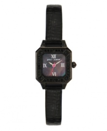 A little antique, a little edgy. Watch by Betsey Johnson crafted of black croc-embossed leather strap and square black-finished stainless steel case. Antiqued case and bezel embellished with black crystals. Black mother-of-pearl dial features silver tone Roman numerals at twelve, three, six and nine o'clock, silver tone hour and minute hands, fuchsia second hand and logo. Quartz movement. Water resistant to 30 meters. Two-year limited warranty. A little antique, a little edgy. Watch by Betsey Johnson crafted of black croc-embossed leather strap and square black-finished stainless steel case. Antiqued case and bezel embellished with black crystals. Black mother-of-pearl dial features silver tone Roman numerals at twelve, three, six and nine o'clock, silver tone hour and minute hands, fuchsia second hand and logo. Quartz movement. Water resistant to 30 meters. Two-year limited warranty.