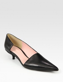 Timeless point toe style in smooth leather, updated by a cutout design and kitten heel. Self-covered heel, 1 (25mm)Leather upperLeather lining and solePadded insoleMade in ItalyOUR FIT MODEL RECOMMENDS ordering one size up as this style runs small. 