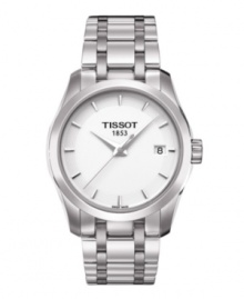 Brilliant shine and a classic shape define the Couturier collection by Tissot. Watch crafted of stainless steel bracelet and round case. White dial features applied silver tone stick indices, three hands, date window at three o'clock and logo at twelve o'clock. Swiss quartz movement. Water resistant to 100 meters. Two-year limited warranty. Brilliant shine and a classic shape define the Couturier collection by Tissot. Watch crafted of stainless steel bracelet and round case. White dial features applied silver tone stick indices, three hands, date window at three o'clock and logo at twelve o'clock. Swiss quartz movement. Water resistant to 100 meters. Two-year limited warranty.