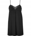 Stylish camisole slip dress in black silk and silk chiffon - Elegant gathering under the bust (empire effect) - Very slim spaghetti straps - The slip dress falls loose, yet fits snug - Stylish, yet sexy too, also wonderfully comfortable, thanks to the stretch content - Pair with the matching briefs
