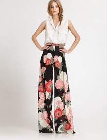 Gorgeous florals bloom on sumptuous matte silk, tailored in a lengthening wide-leg silhouette.High waistFlat frontWide legRise, about 12Inseam, about 4597% silk/3% spandexDry cleanMade in USA of imported fabricModel shown is 5'9 (175cm) wearing US size 4. Gorgeous florals bloom on sumptuous matte silk, tailored in a lengthening wide-leg silhouette.High waistFlat frontWide legRise, about 12Inseam, about 4597% silk/3% spandexDry cleanMade in USA of imported fabricModel shown is 5'9 (175cm) wearing US size 4.