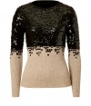 Bring the bling in this sequin-embellished colorblock pullover from Moschino C&C - Crew neck, long sleeves, sequin embellishment at neckline, shoulders, and sleeves, solid rib button, slim fit - Pair with slim trousers, skinny jeans, or a figure-enhancing pencil skirt