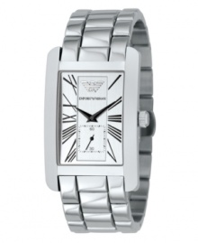 A classic timepiece, perfect for work or play. Stainless steel bracelet and case. Silvertone dial with logo, stylized black Roman numerals and subdial. Two-hand, quartz movement. Water resistant to 30 meters. A classic timepiece, perfect for work or play. Stainless steel bracelet and case. Silvertone dial with logo, stylized black Roman numerals and subdial. Two-hand, quartz movement. Water resistant to 30 meters.