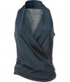 Luxurious top in fine material mix - fashion color petrol - glamorous cache-coeur optic - slim and sexy cut - no sleeves - small stand-up collar and feminine V-neck - elegantly draped and reaped - utmost stylish and noble top - simple yet intricate - a highlight with posh evening pants, pencil skirts