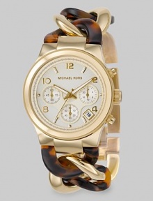 A classic chronograph dial in polished, goldplated stainless steel with alternating curb chain strap.Quartz movement Water resistant to 5 ATM Goldplated stainless steel round case, 38mm, (1.49) Light champagne chronograph dial Arabic numeral and index hour markers Date display between 4 and 5 o'clock Second hand Tortoise acrylic and goldplated link bracelet Imported 