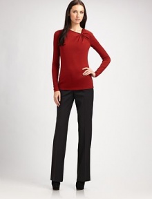 Simply sophisticated in lightweight wool jersey with a twist at the neckline.Slim fit Long sleeves Pullover style About 25 from shoulder to hem 96% wool/4% elastane Dry clean Imported of Italian fabric Simply sophisticated in lightweight wool jersey with a twist at the neckline.Slim fit Long sleeves Pullover style About 25 from shoulder to hem 96% wool/4% elastane Dry clean Imported of Italian fabric